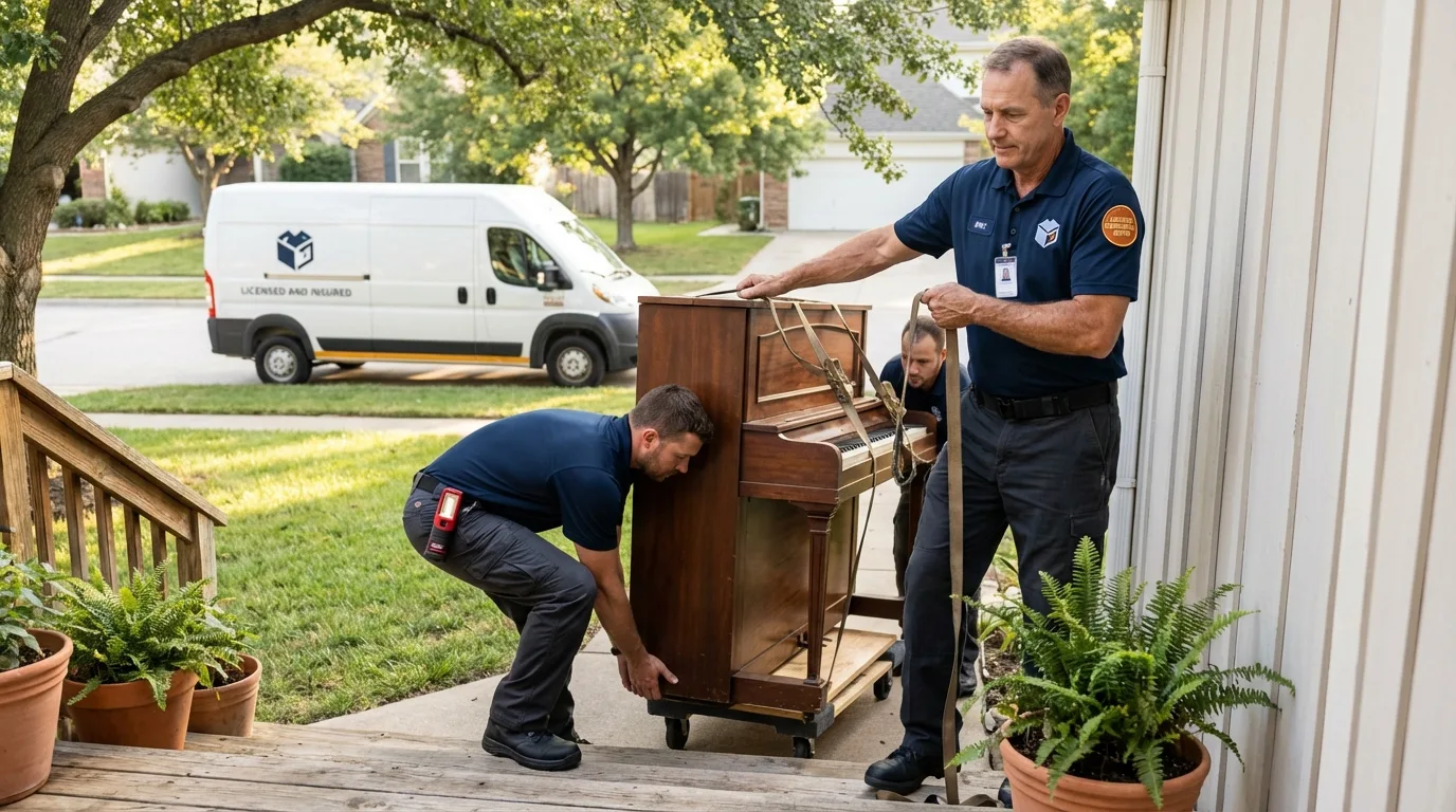 Licensed piano movers securing grand piano in Roslyn Heights, NY