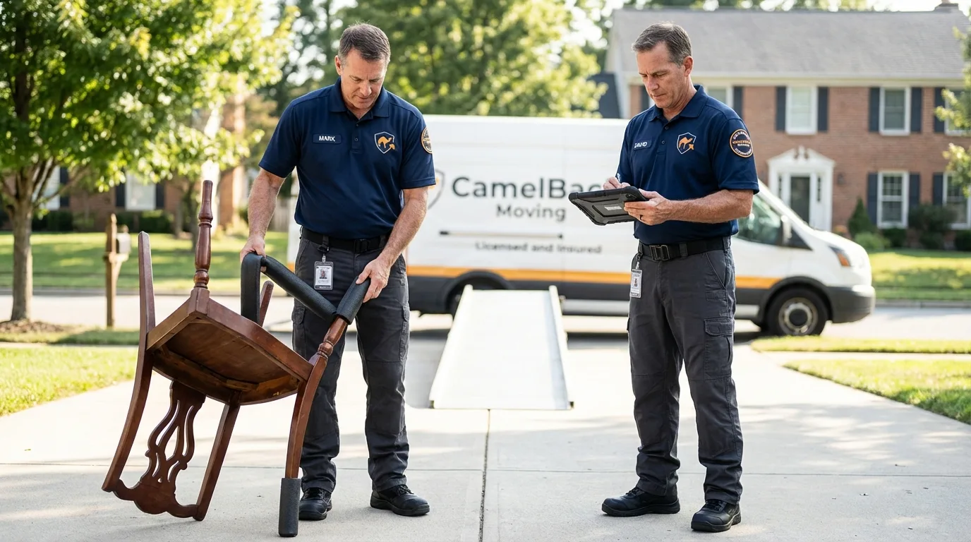 Movers inspecting furniture for damage prevention before loading in Roslyn Heights, NY