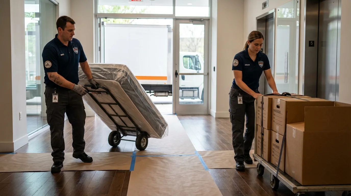 Professional apartment movers loading elevator in Roslyn Heights, NY