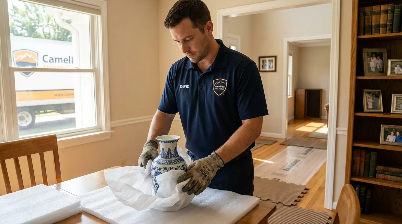 Professional crew carefully wrapping antique vase for senior downsizing move in Roslyn Heights, NY